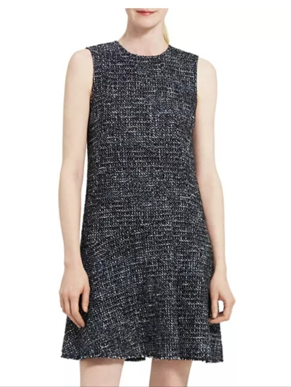 THEORY TWEED ASYMMETRICAL SHIFT DRESS. SIZE 10. BLACK, BLUE AND WHITE...